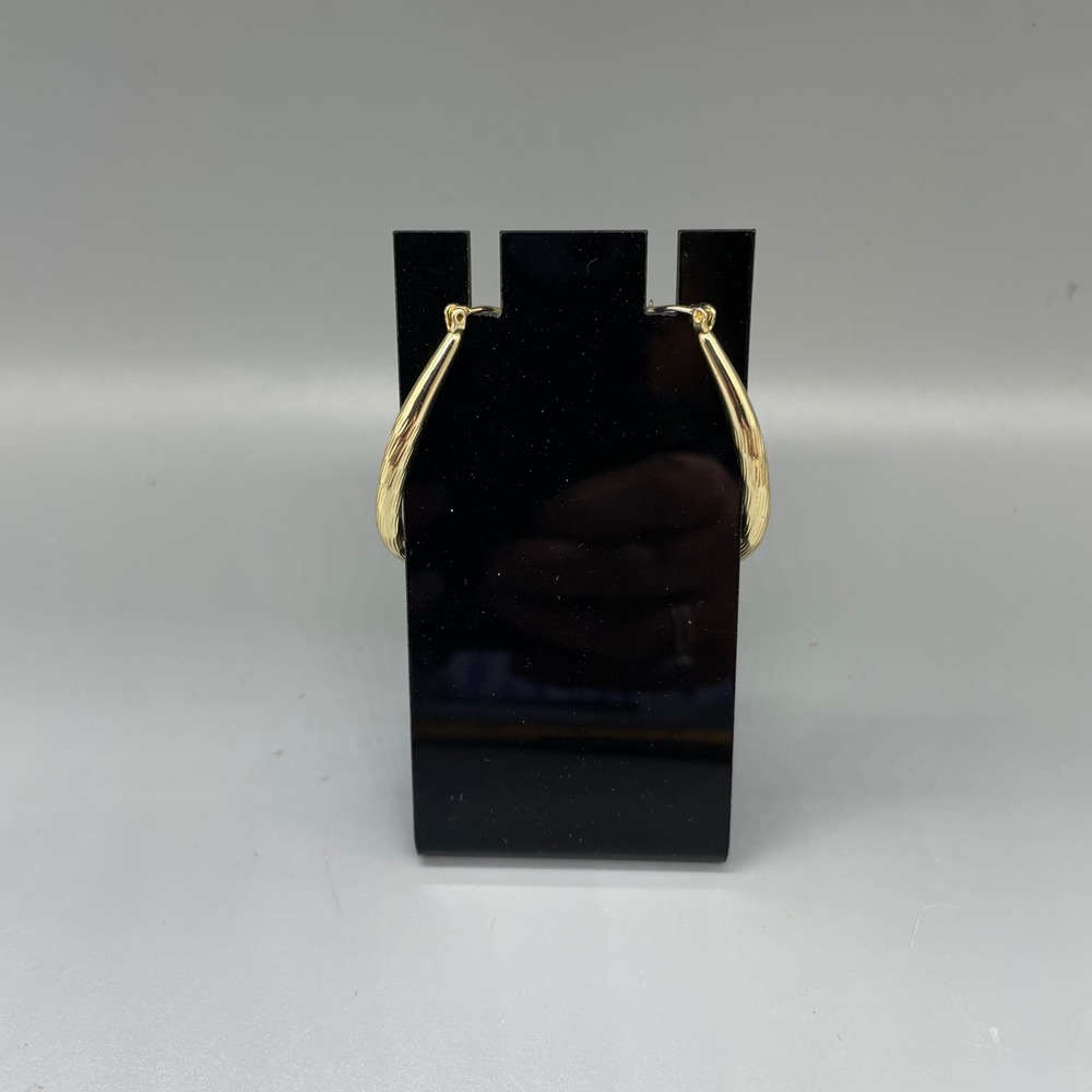 Gold Tone Textured Teardrop Hoop Earrings Elongated Oval Latch Back 1.5 Inch